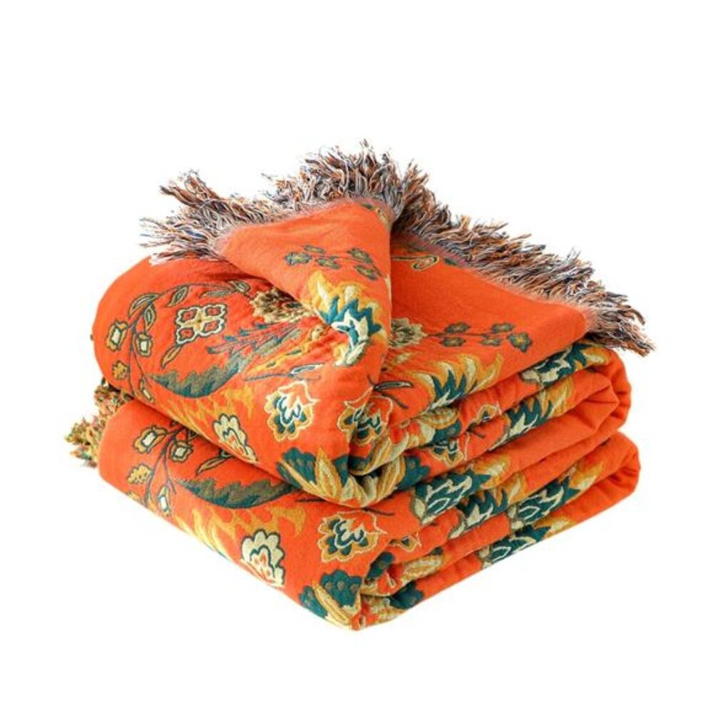 100% COTTON Bright Orange Embroidered BOHEMIAN Tapestry Style Throw Blanket